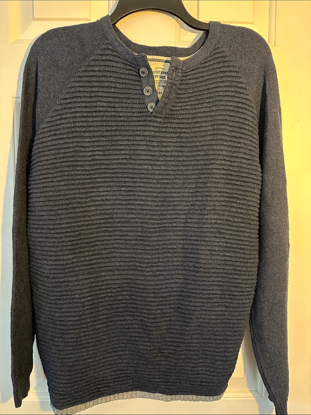 Weatherproof Vintage Navy Ribbed Cotton Crewneck Henley Sweater S
